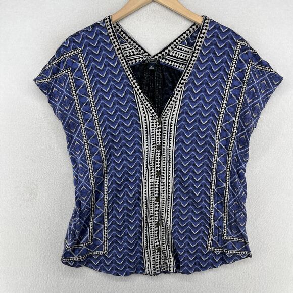 LUCKY BRAND Blouse M Chevron Double V-Neck Button Up Boho Tribal Cap Sleeve Blue - Picture 1 of 13